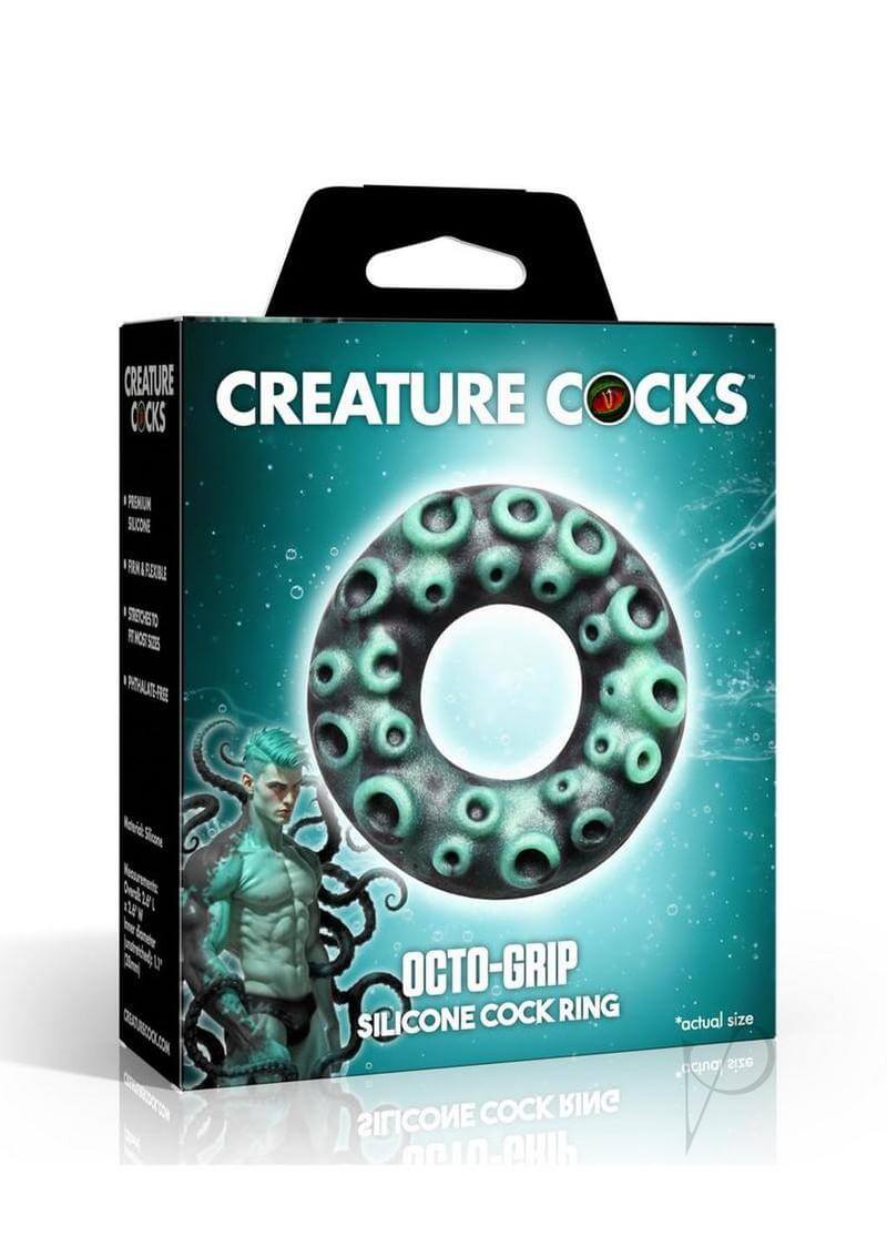 Creature Cock Octo-Grip Silicone Cock Ring packaging featuring ocean-inspired design and distinctive textures.
