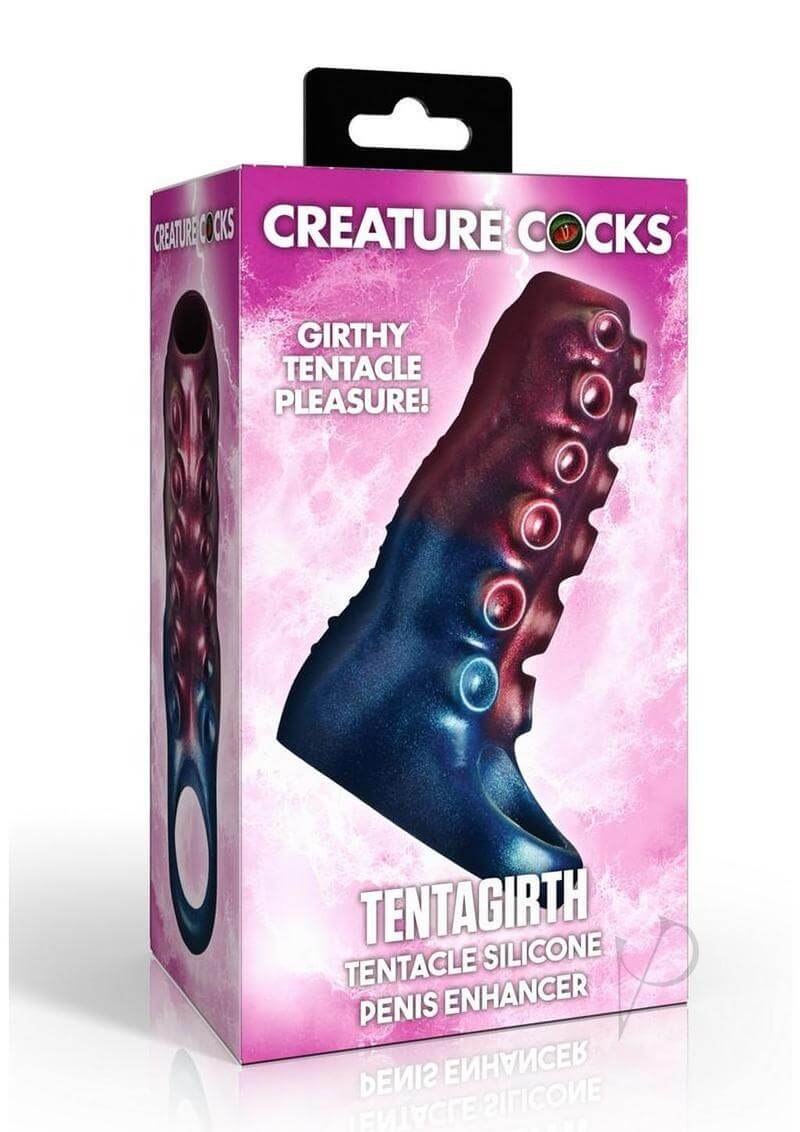 Creature Cock Tentagirth Tentacle Silicone Penis Enhancer packaging showcasing marbled blue and pink finish with tentacle textures.
