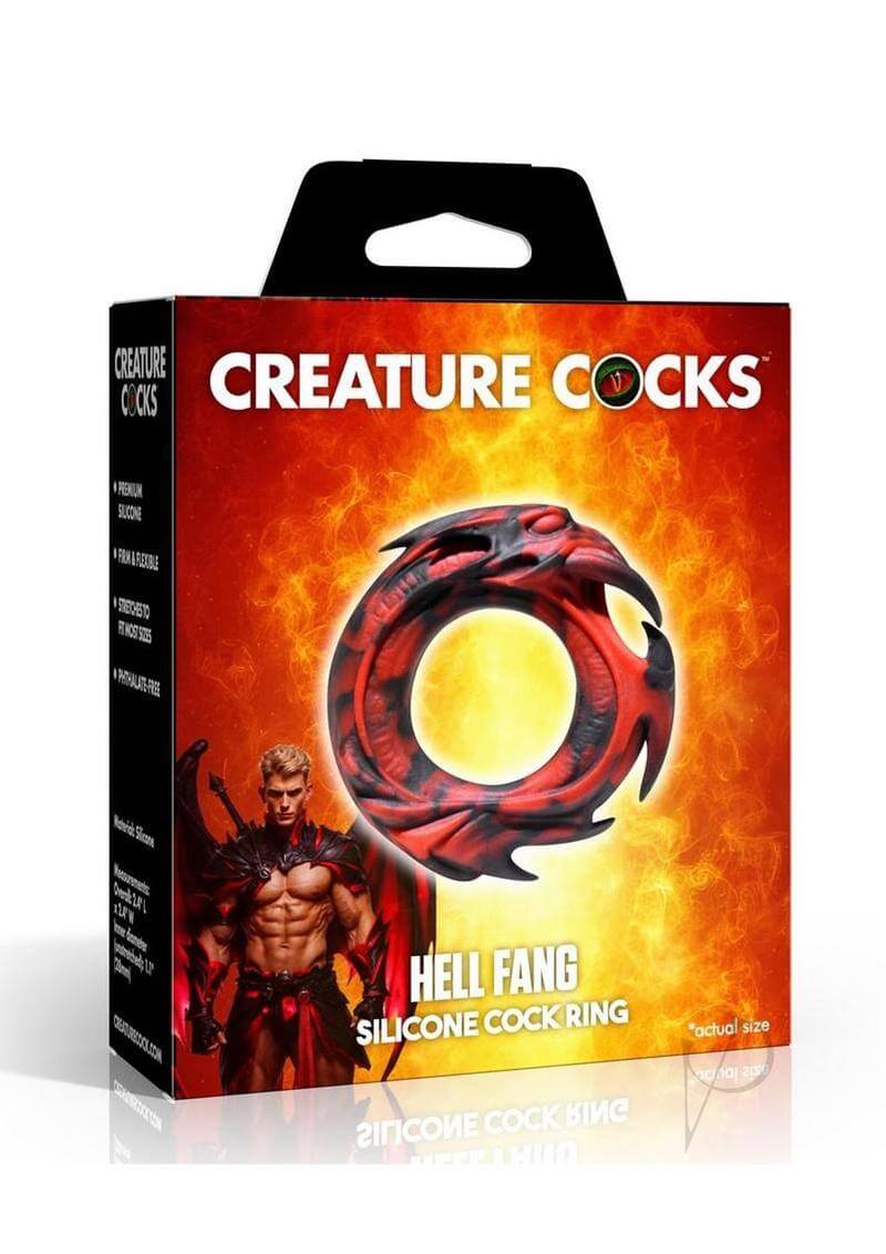 Creature Cock Hell Fang Silicone Cock Ring packaging featuring bold design and fantasy-inspired visuals.