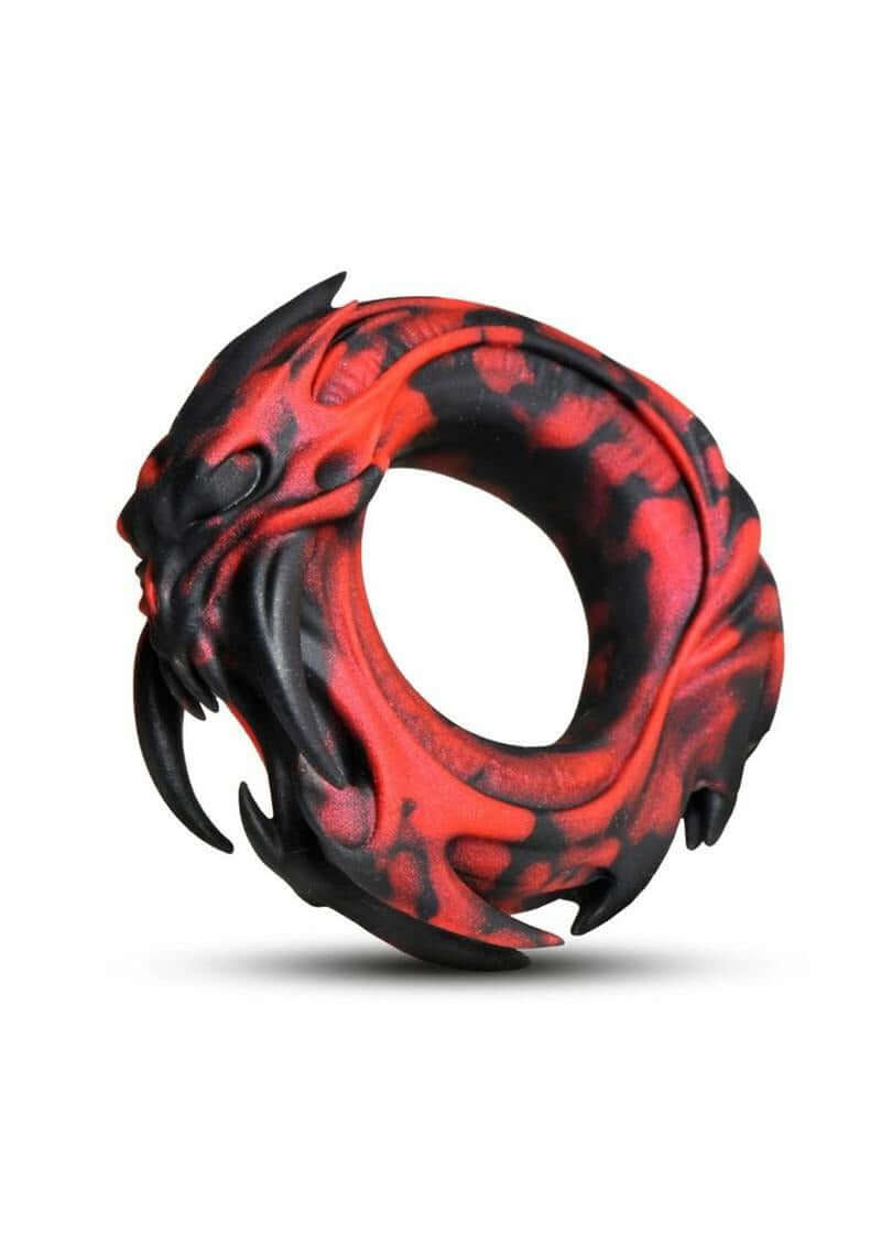 Creature Cock Hell Fang Silicone Cock Ring with demon-inspired design in crimson and black marbled finish
