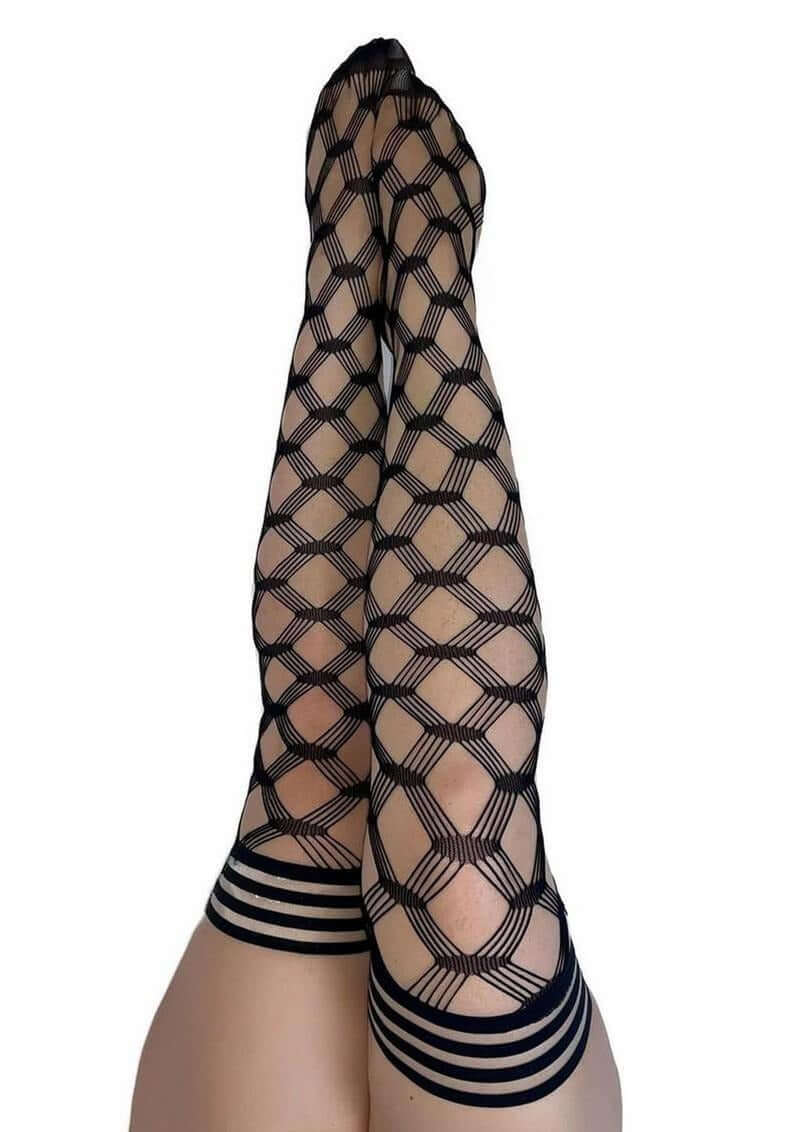 Kixies Cassandra Layered Fence Net Thigh Highs Small Black showcasing layered fence net design and bold fashion statement.