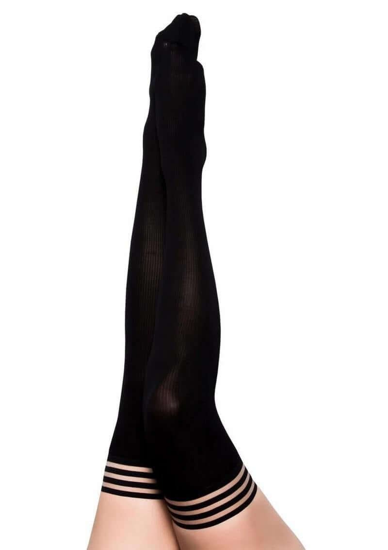 Kixies Danalynn Opaque Ribbed Thigh Highs Size B Medium Black displayed on legs with a polished look.
