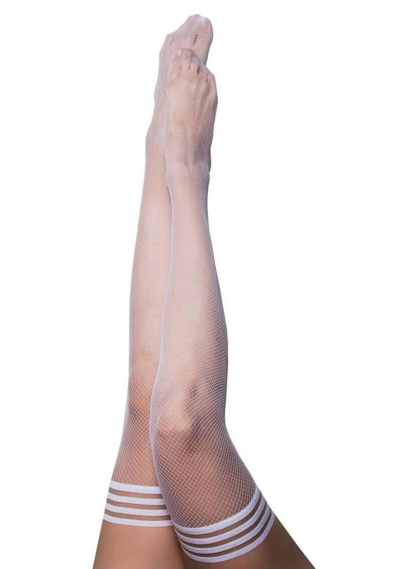 Kixies Sammy Fishnet Thigh High Size D XLarge White shown on legs with a stylish design and no-slip silicone for comfort.