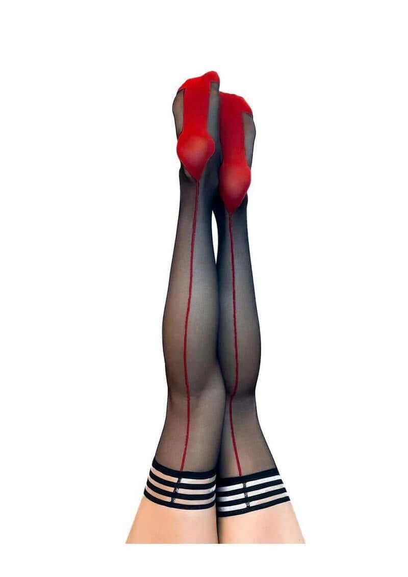 Kixies Ginny Sheer with Back Seamed Thigh Highs Size A Small Black Red showcasing a red back seam and black sheer fabric.