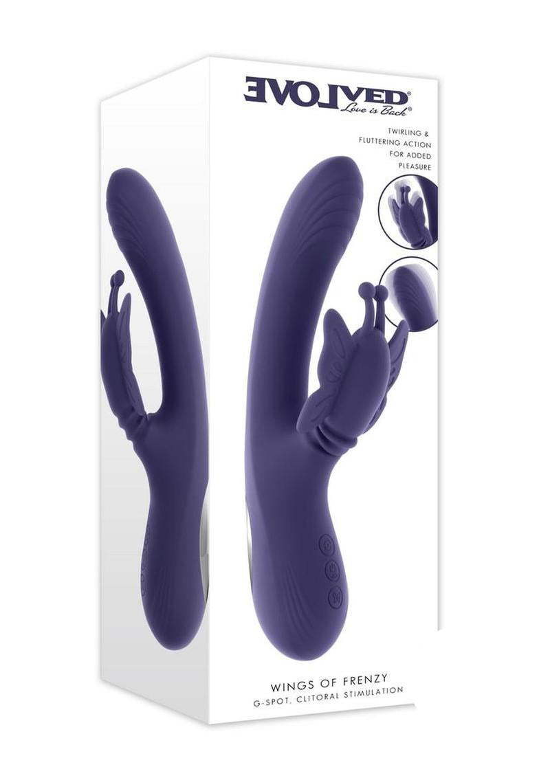 Wings of Frenzy Multi Vibrator with Clitoral Stimulator Purple in packaging for dual stimulation pleasure.