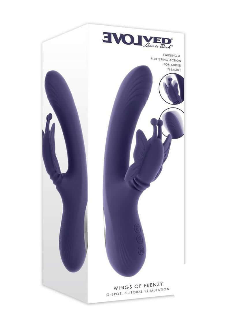 Wings of Frenzy Multi Vibrator with Clitoral Stimulator Purple in packaging for dual stimulation pleasure.