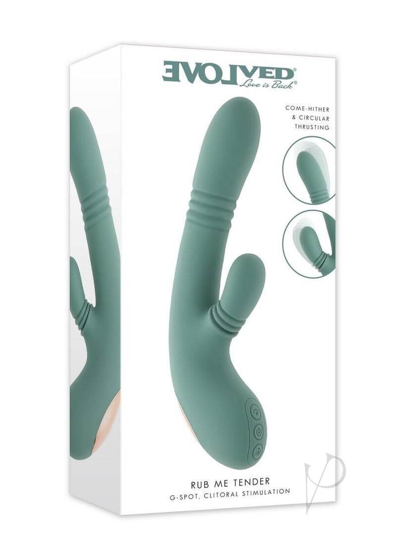 Rub Me Tender Thrusting Vibrator with Clitoral Stimulation Green packaging featuring dual-action design for stimulation.