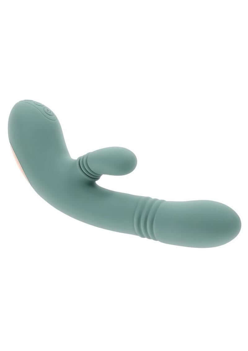 Rub Me Tender Thrusting Vibrator with Clitoral Stimulation Green in ergonomic design for dual-action stimulation.