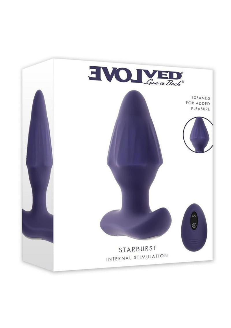 Starburst Vibrating Expandable Anal Plug with Remote Purple packaging showing device and remote control features.
