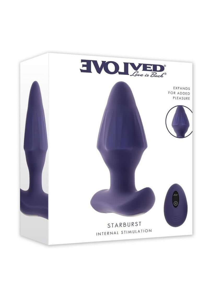 Starburst Vibrating Expandable Anal Plug with Remote Purple packaging showing device and remote control features.