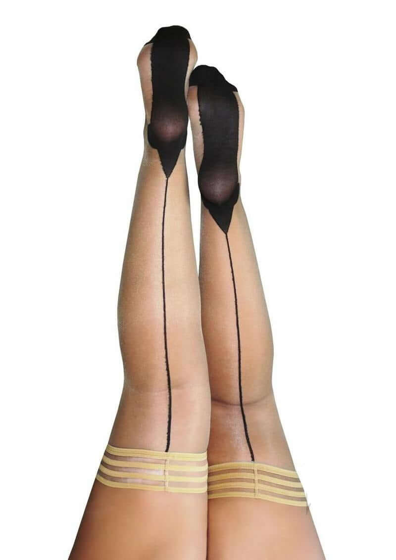 Kixies Ruby Sheer Thigh High with Seam Size B Medium Nude featuring a classic Cuban heel and dramatic black back seam.