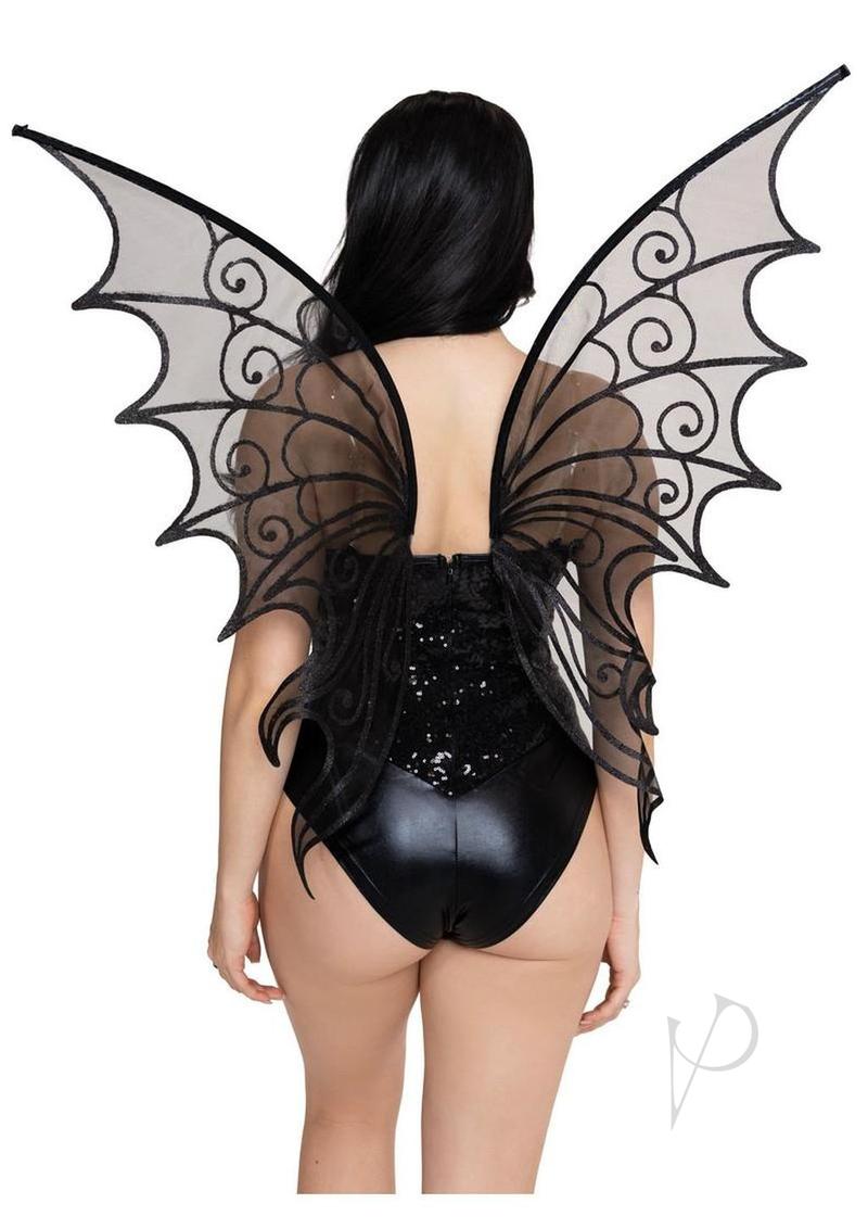 Leg Avenue Glitter Strapless Pixie Wings One Size Black model showcasing shimmering black wings.