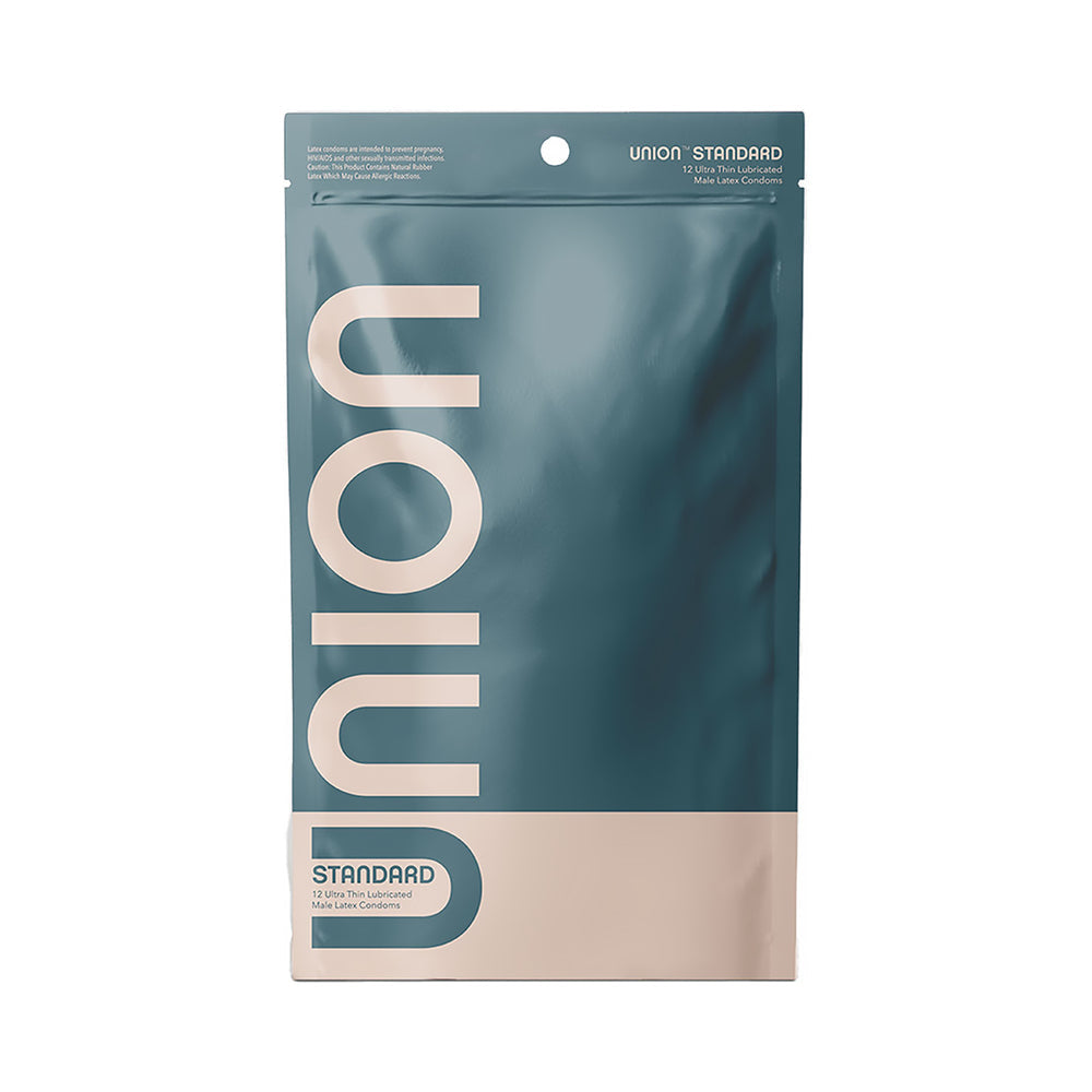 Union Standard Latex Condoms 12-pack packaging featuring modern design and product details.