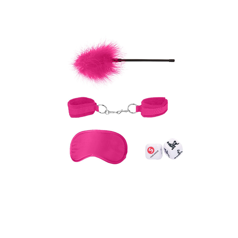 Ouch Introductory Bondage Kit #2 Pink includes soft restraints, a sensory tickler, a blindfold, and playful dice.