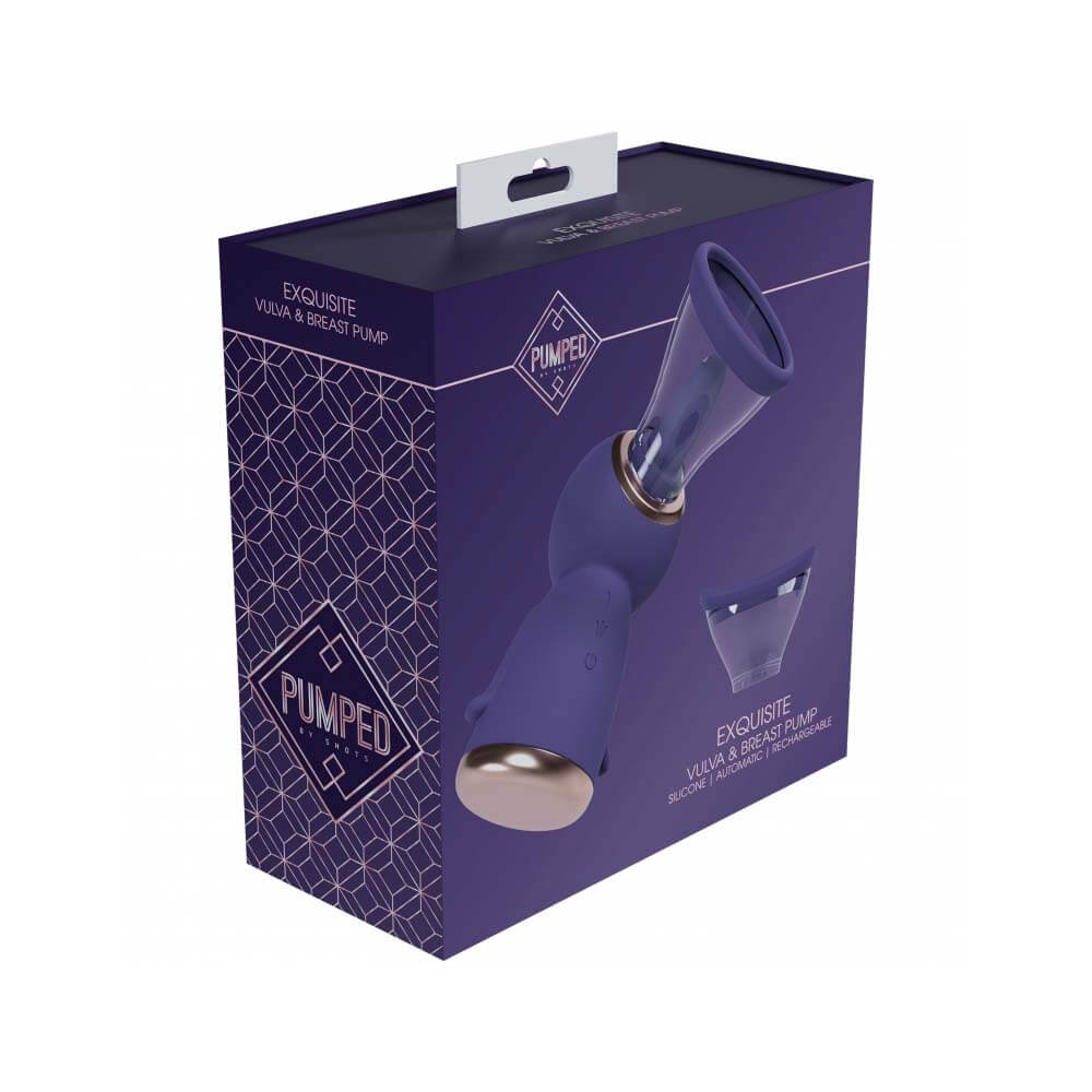 Pumped Exquisite Rechargeable Vulva & Breast Pump Purple packaging showing the device and its features.