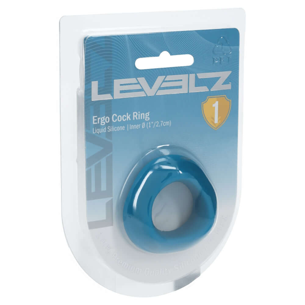 Levelz Ergo Liquid Silicone Cock Ring Teal packaging with product details and ergonomic design.