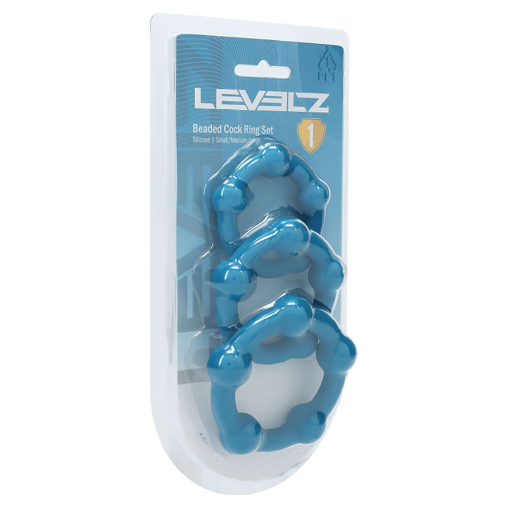 Levelz Beaded Silicone Cock Ring Set 35mm 40mm 45mm Teal packaging featuring three blue silicone rings.