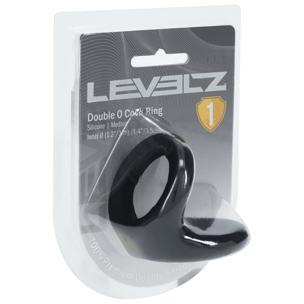 Levelz Double O Silicone Cock Ring Medium Black packaging featuring a dual-loop design for enhanced performance.
