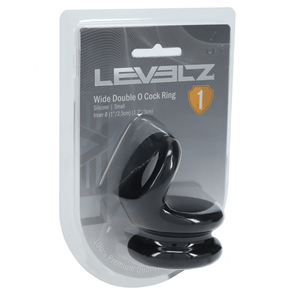 Levelz Wide Double O Silicone Cock Ring S Black in packaging, a premium dual-loop enhancement ring.