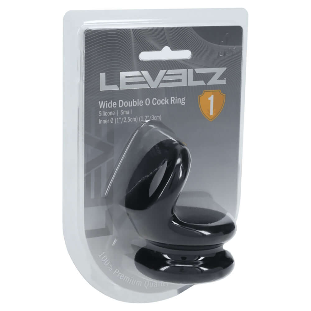 Levelz Wide Double O Silicone Cock Ring S Black in packaging, a premium dual-loop enhancement ring.
