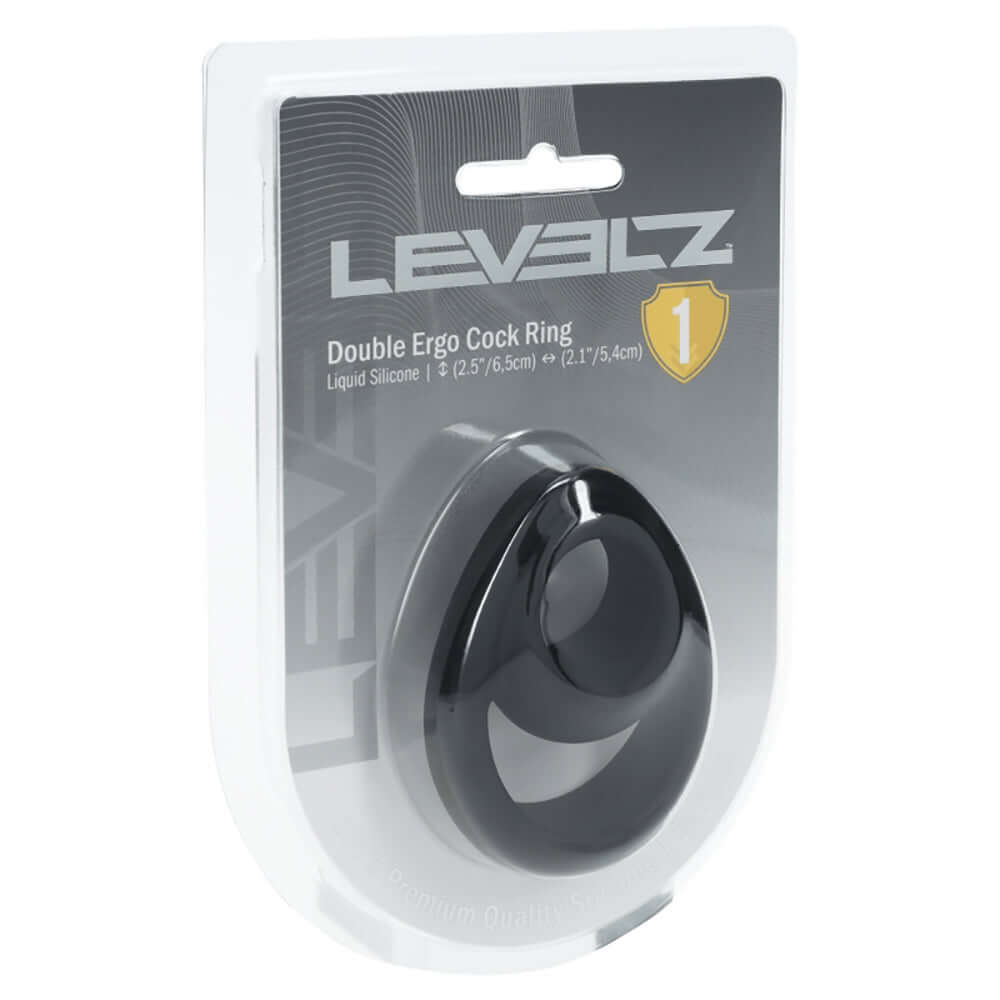 Levelz Double Ergo Silicone Cock Ring Black packaging showing premium dual-ring design.