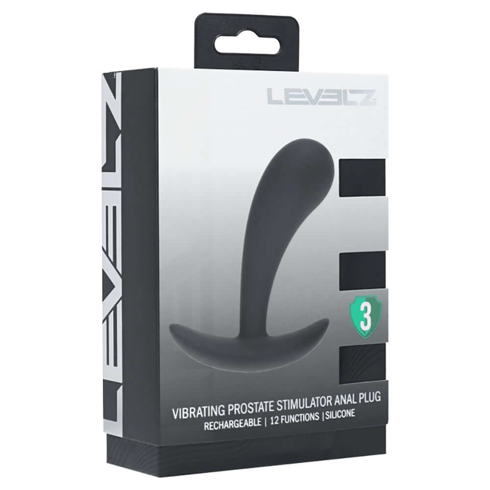 Levelz Vibrating Silicone Prostate Stimulator Anal Plug Small Black packaging with ergonomic design and features.