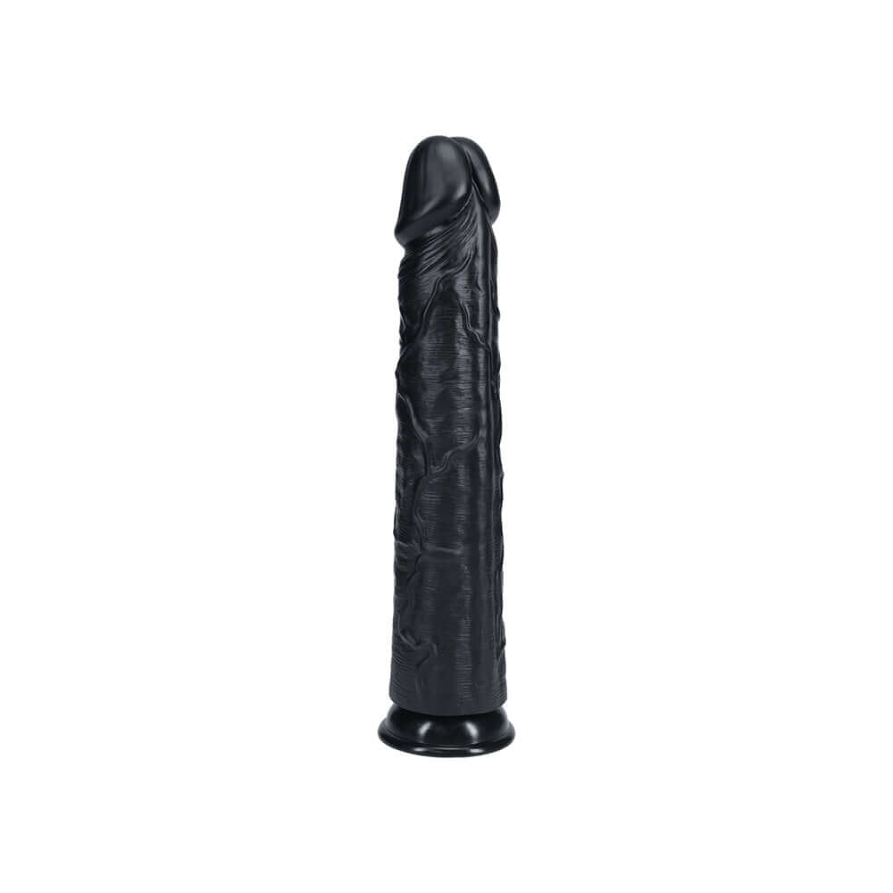Realrock Extra Long Realistic Dildo No Balls 14 inches Black with detailed texture and sturdy base.