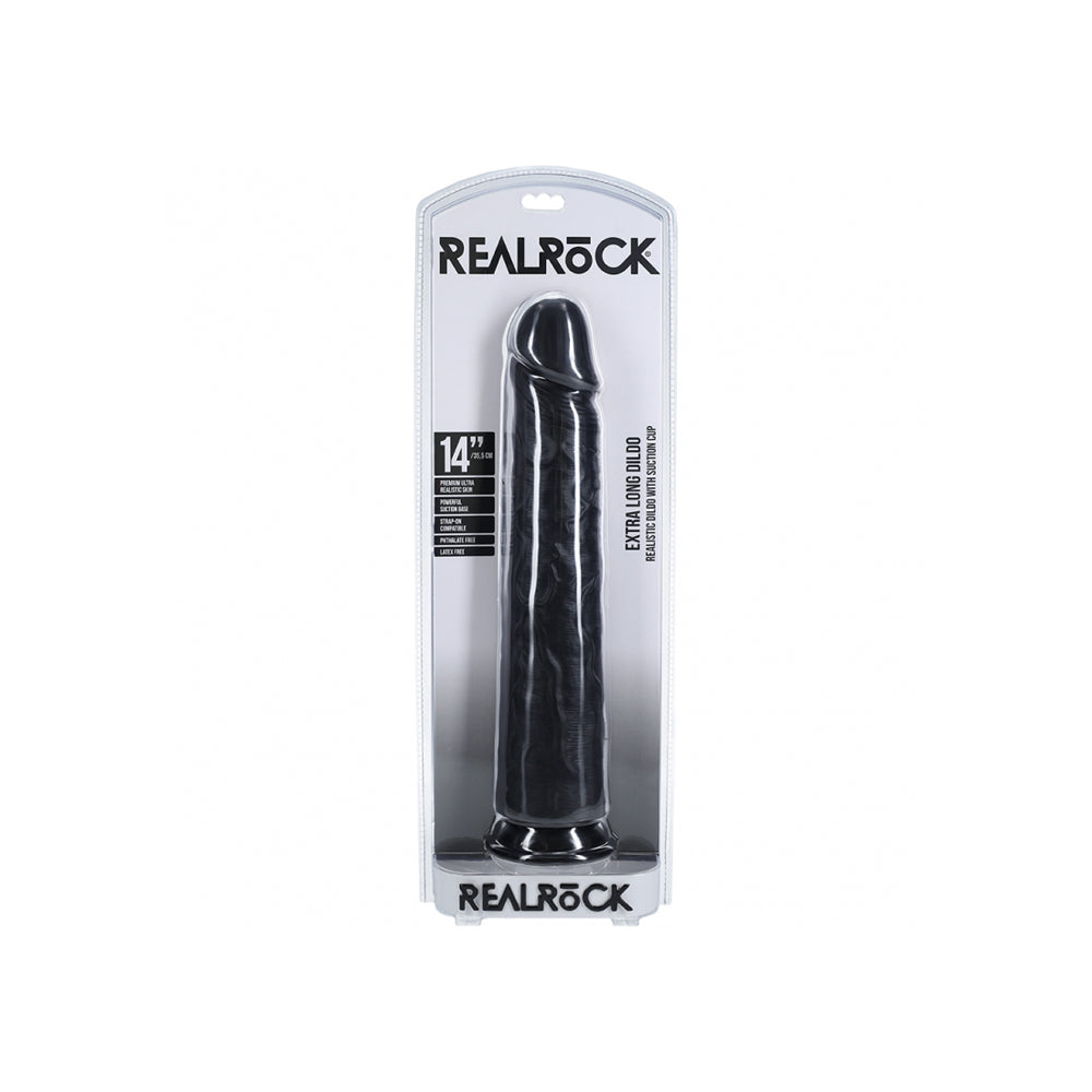 Realrock Extra Long Realistic Dildo No Balls 14 inches Black in packaging with suction cup base.