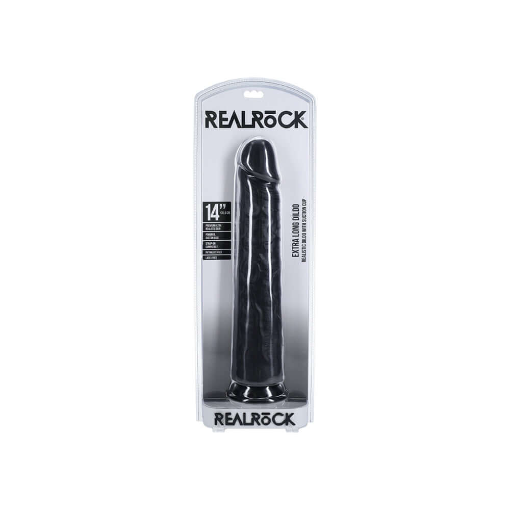 Realrock Extra Long Realistic Dildo No Balls 14 inches Black in packaging with suction cup base.