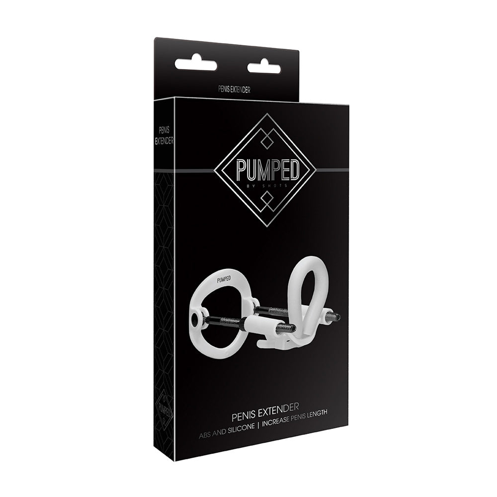 Pumped Penis Extender White packaging showcasing adjustable device for increasing penis length.
