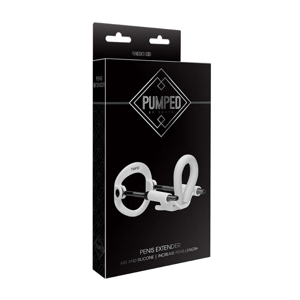 Pumped Penis Extender White packaging showcasing adjustable device for increasing penis length.