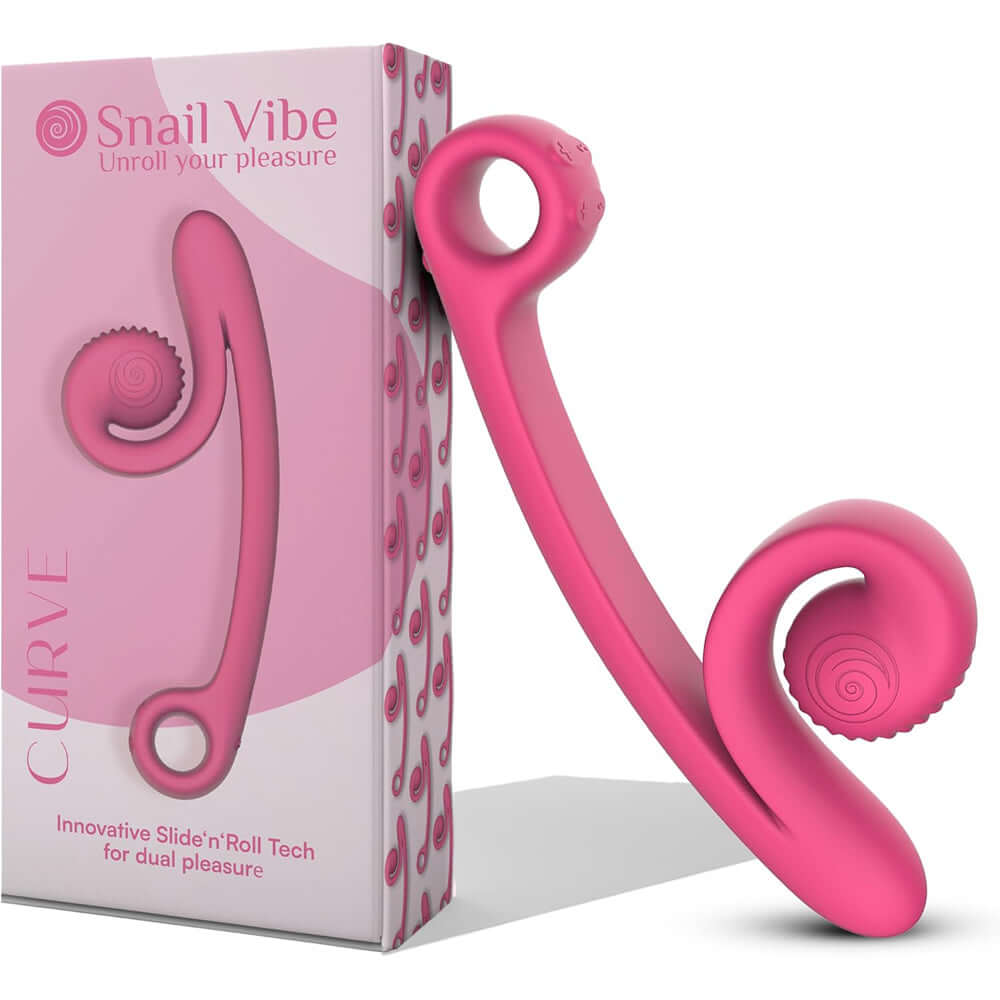 Snail Vibe Curve Dual Pleasure Vibrator Pink next to its packaging, showcasing innovative design for dual stimulation.