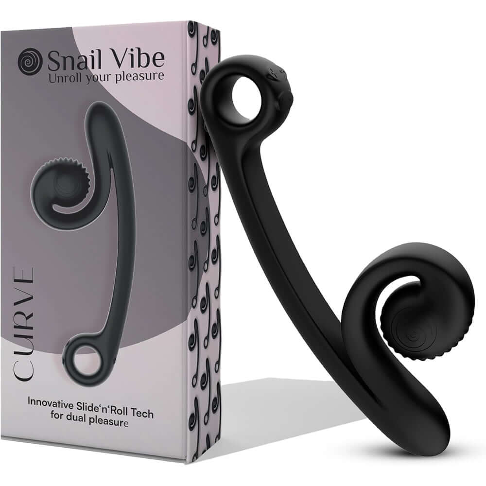 Snail Vibe Curve Dual Pleasure Vibrator Black on display with box showcasing innovative design for dual pleasure.