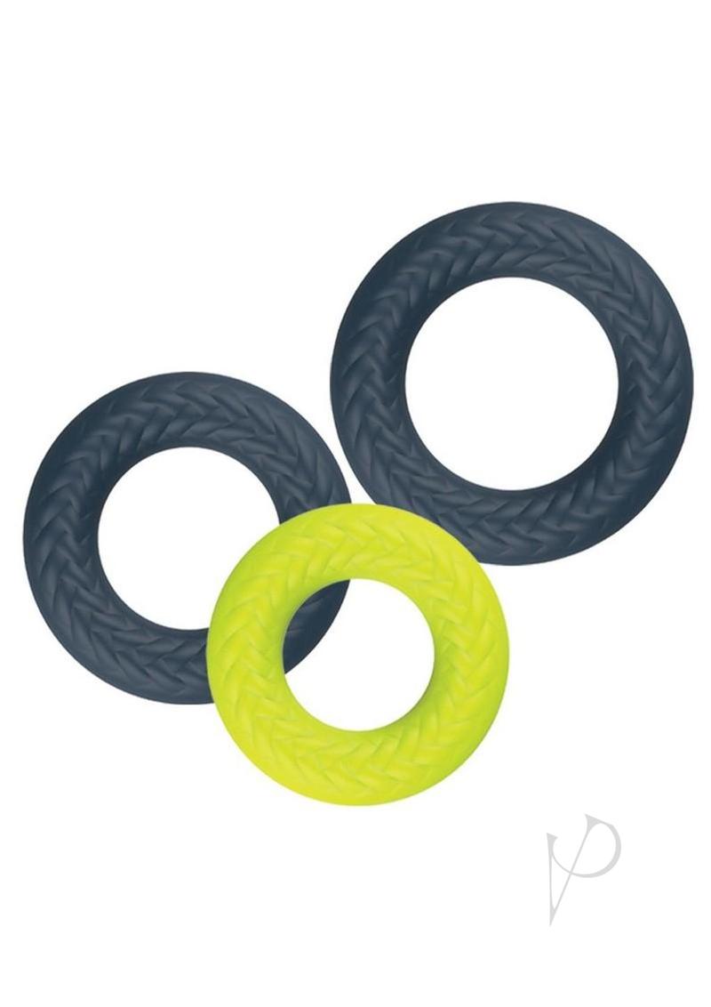 LUX Active Vice Silicone Stamina Rings 3 Pack Navy Green, three silicone rings for enhanced intimacy and support.