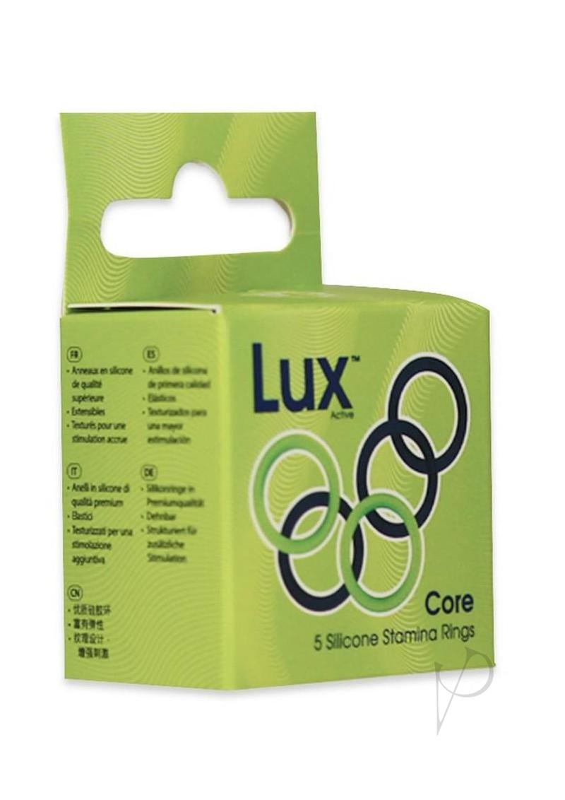 LUX Active Core Silicone Stamina Rings 5 Pack Navy Green packaging with silicone rings for enhanced performance.