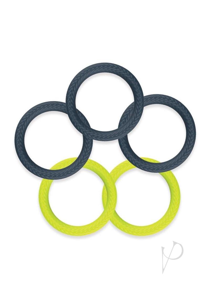 LUX Active Core Silicone Stamina Rings 5 Pack Navy Green featuring stretchy silicone rings in navy and green colors.