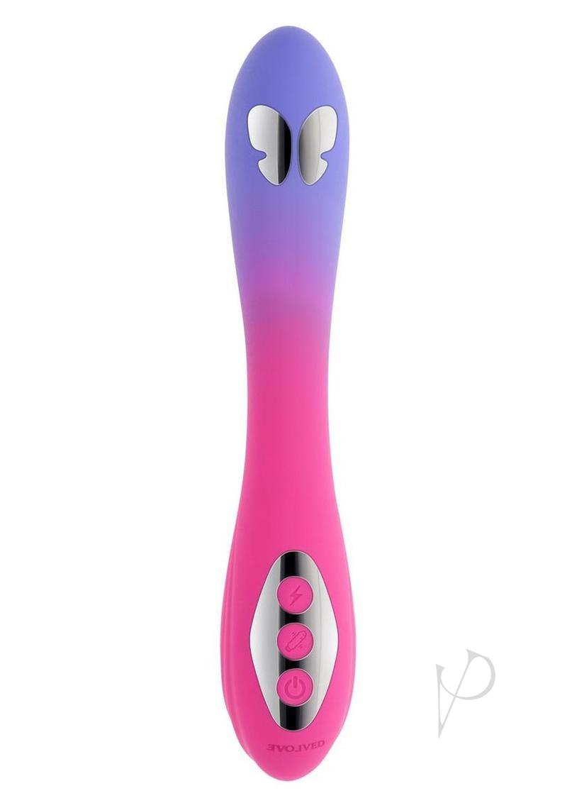 Evolved Paradise Pulse Silicone Butterfly Vibrator in a vibrant pink and purple color with control buttons.