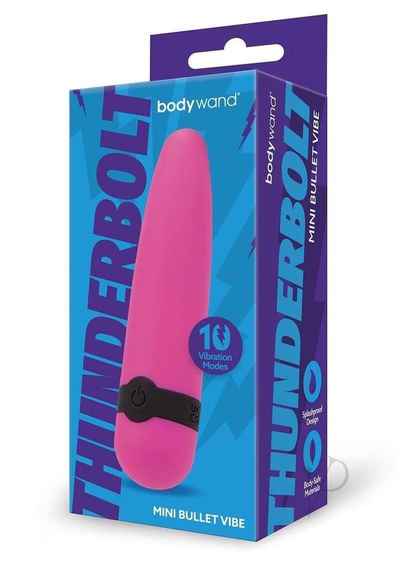 Bodywand Thunderbolt Rechargeable Mini Bullet Pink in colorful packaging, showcasing 10 vibration modes and splashproof design.