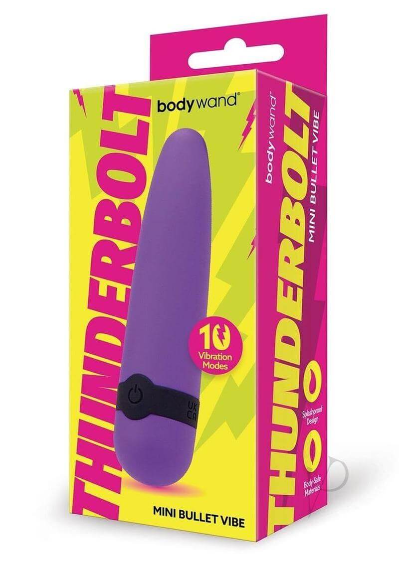 Bodywand Thunderbolt Rechargeable Mini Bullet Purple packaging with vibrant design and details.