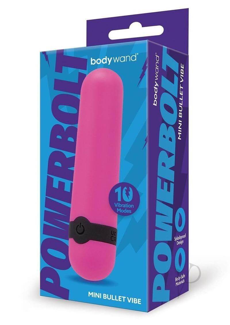 Bodywand Powerbolt Rechargeable Mini Bullet Pink compact vibrator with 10 vibration modes in pink packaging.