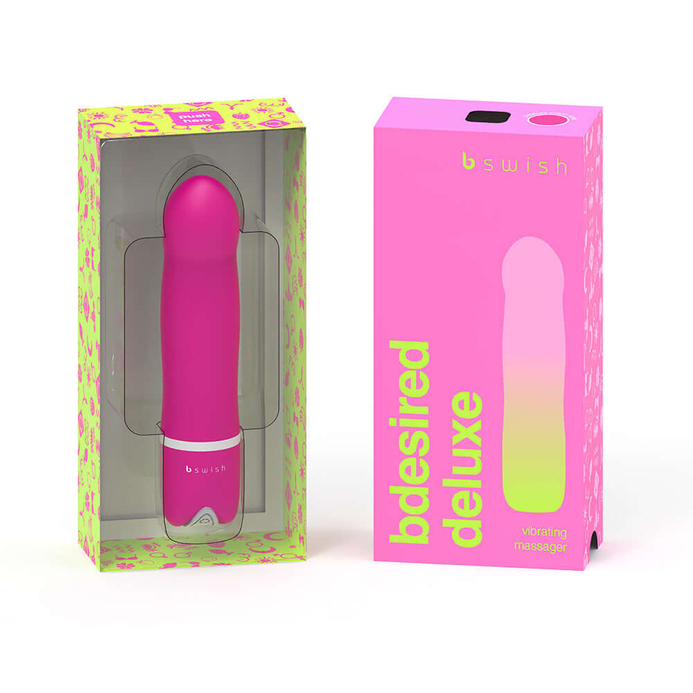 B Swish Bdesired Deluxe Vibrator Rose in vibrant packaging showcasing its sleek design and features.