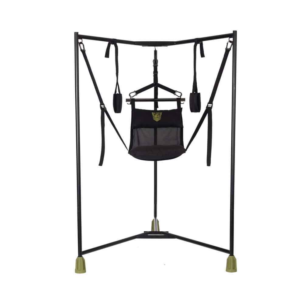 Fort Troff Hammock Hangar Sling Black support system with tri-leg frame and adjustable straps.