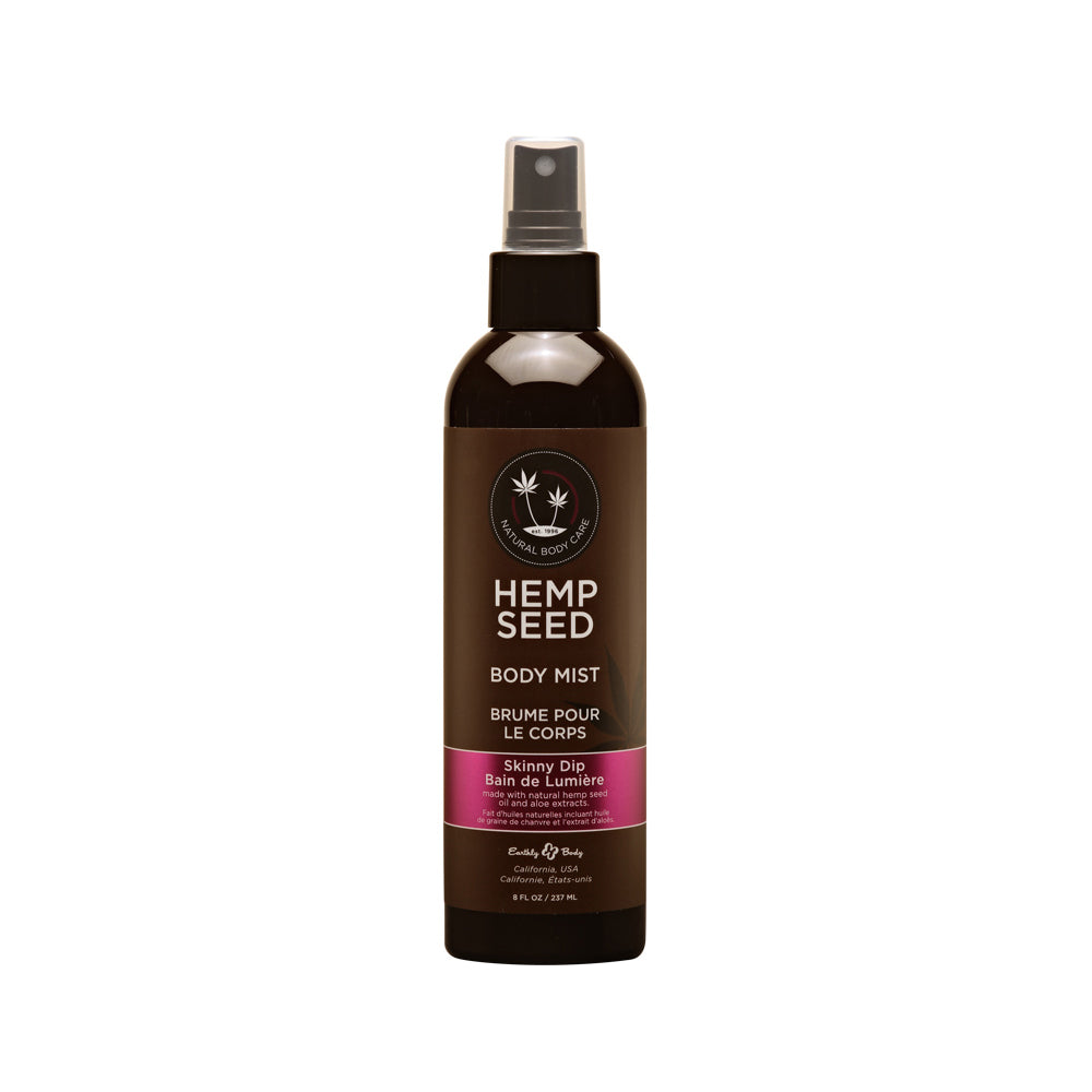 Earthly Body Hemp Seed Body Mist Skinny Dip 8 Oz in a spray bottle for refreshing fragrance and hydration.