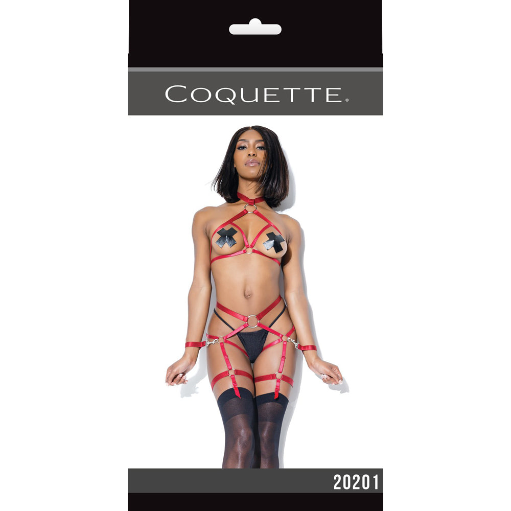 Coquette Harness Top And Crotchless Panty Merlot One Size displayed on a model in a striking pose.