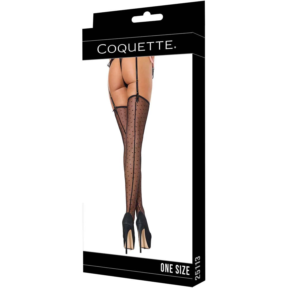 Coquette Sheer Dot Mesh Stockings Black One Size displayed on a sexy model with high heels, showcasing the dotted mesh design.