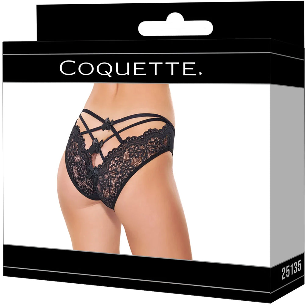 Coquette Open Back Bow Panty Black Large with strappy back and bow details on box packaging.