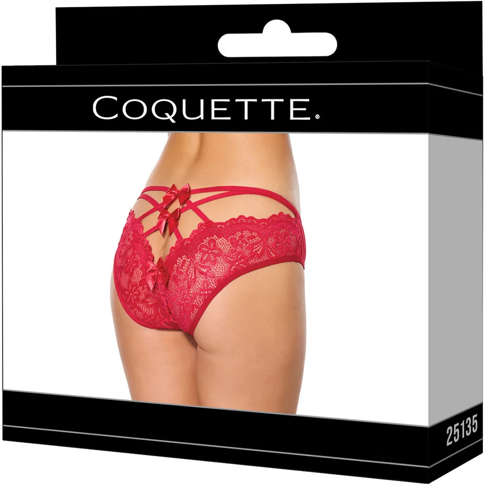 Coquette Open Back Bow Panty Red Medium packaging featuring a playful open back design with bow accents.