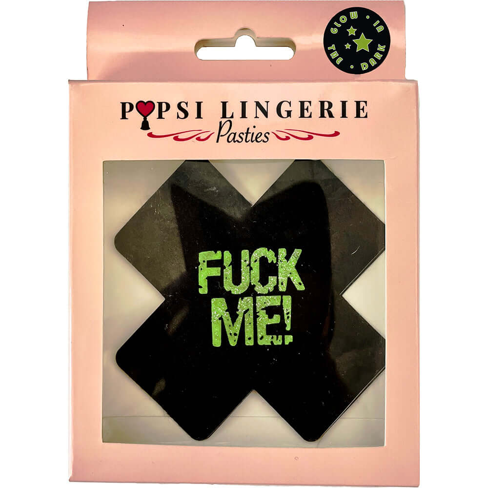 X Shape Fuck Me Glow In The Dark Pasties Black OS packaging featuring a bold design and glow-in-the-dark text.