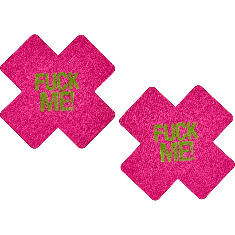 X Shape Fuck Me Glow In The Dark Pasties Pink in bold pink with glow-in-the-dark text for playful lingerie accessory.