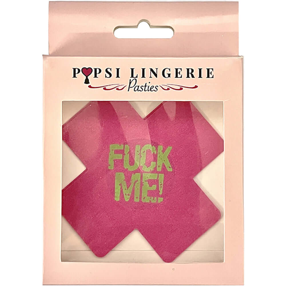 X Shape Fuck Me Glow In The Dark Pasties Pink packaging showcasing vibrant pink color and bold design.
